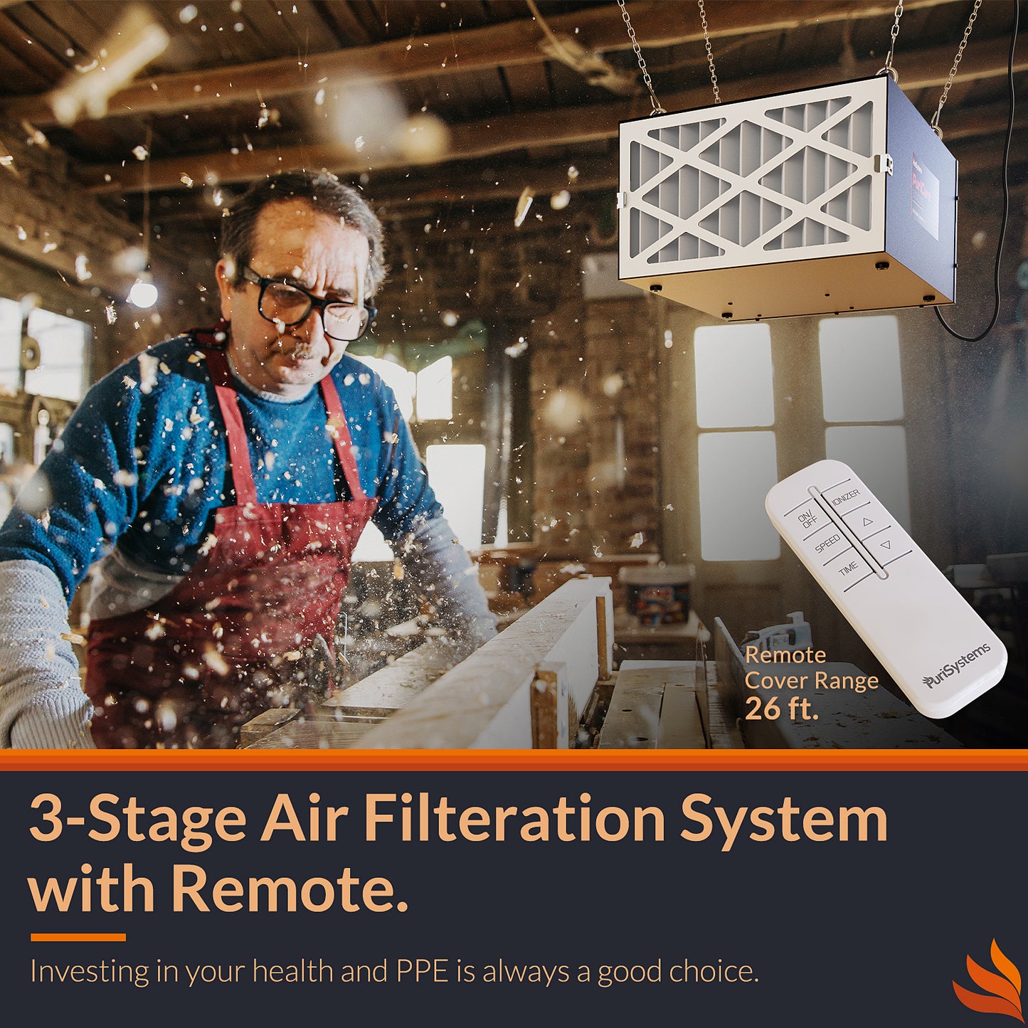 Purisystems Air Filtration System 3-Speed Remote, Built-in Ionizer, PuriCare 500IG Hanging Air Filter for Wood Shop, Garage