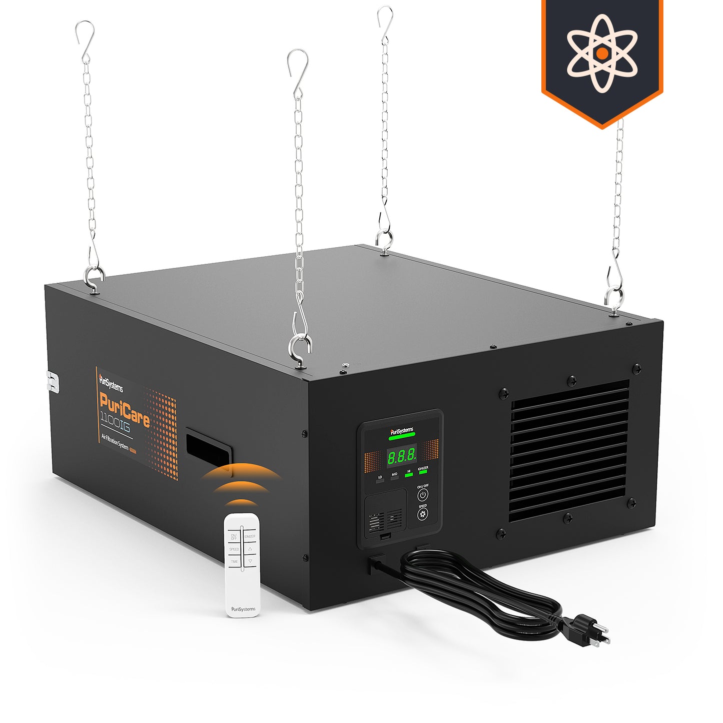 Purisystems PuriCare 1100IG Air Filtration System, Built-in Ionizer, Hanging Air Filter w/RF Remote, 1100 CFM