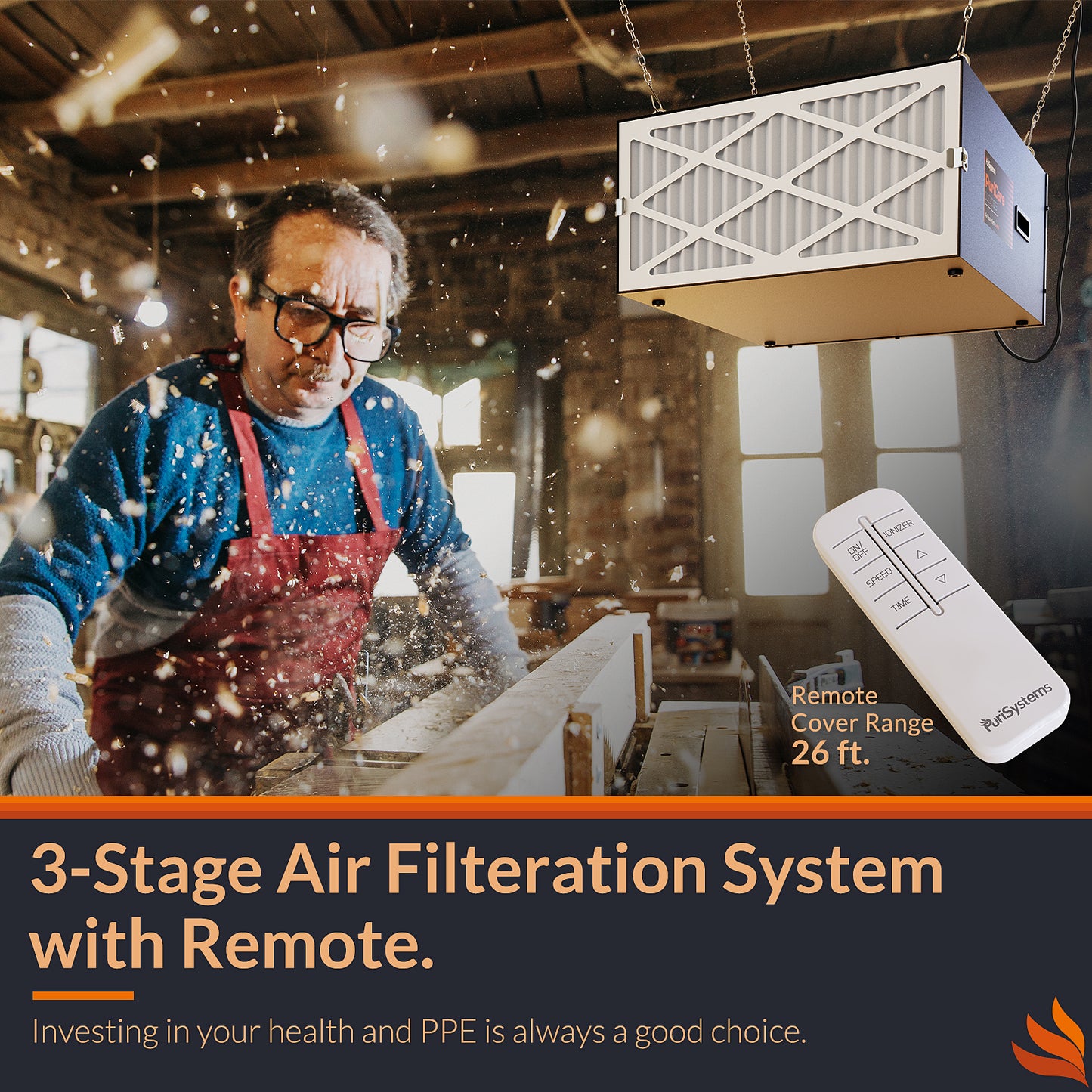 Purisystems PuriCare 1100IG Air Filtration System, Built-in Ionizer, Hanging Air Filter w/RF Remote, 1100 CFM