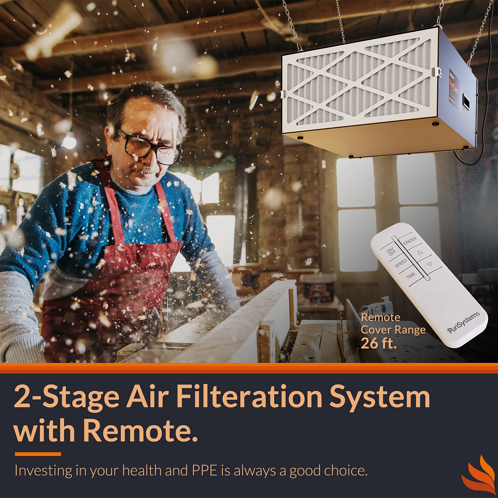 Purisystems Shop Dust Collector PuriCare 1100 Air Filtration System w/RF Remote for Garage, Wood Shop, up to 1100 sq. ft
