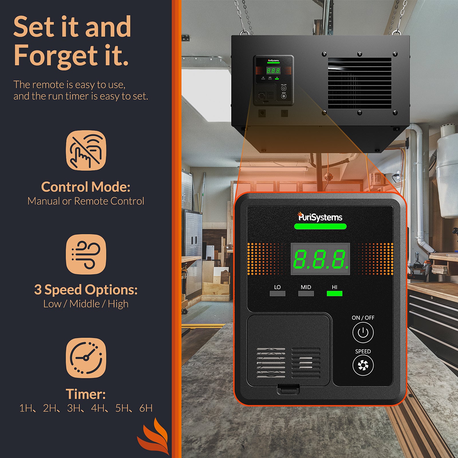 Purisystems Shop Dust Collector PuriCare 1100 Air Filtration System w/RF Remote for Garage, Wood Shop, up to 1100 sq. ft