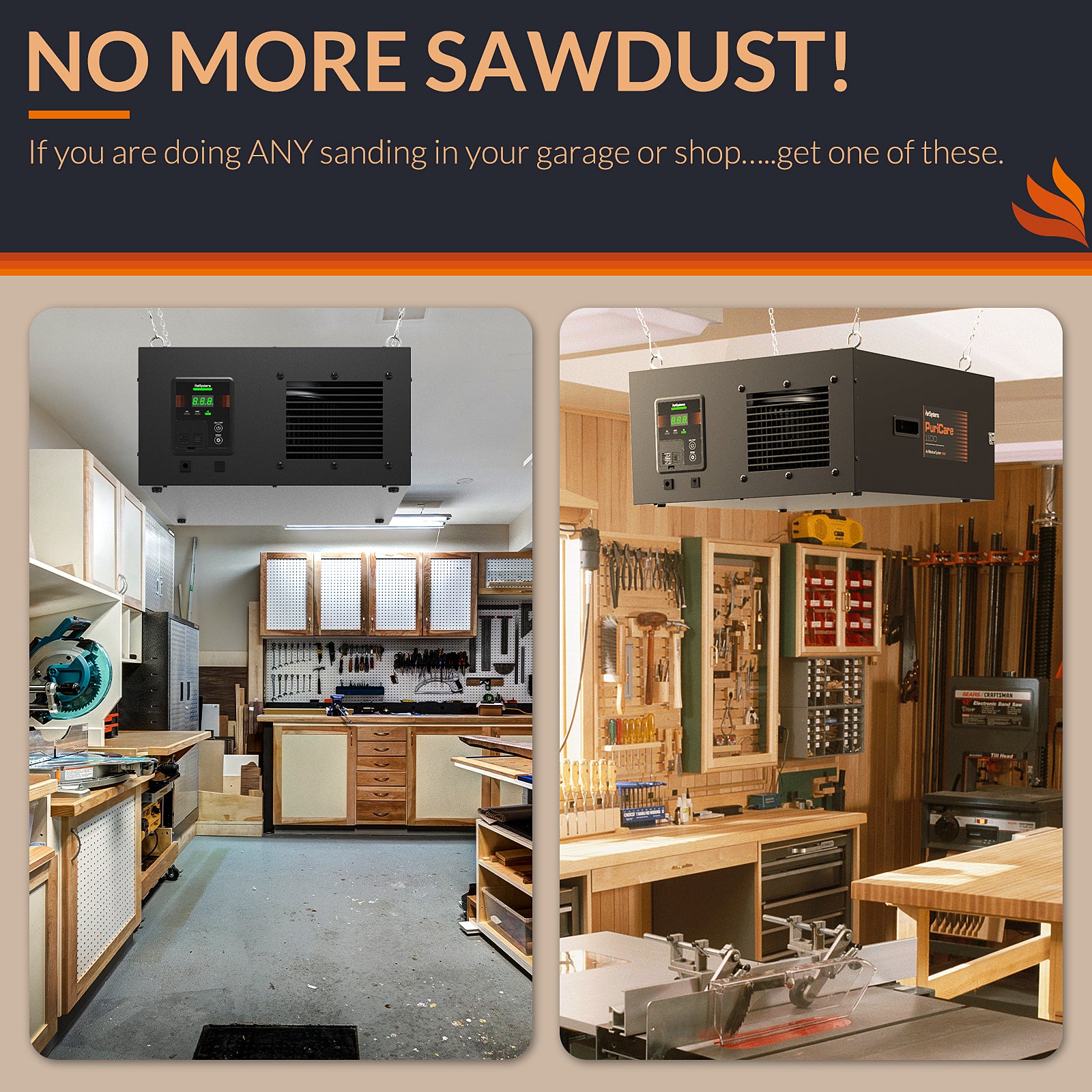 Purisystems Shop Dust Collector PuriCare 1100 Air Filtration System w/RF Remote for Garage, Wood Shop, up to 1100 sq. ft
