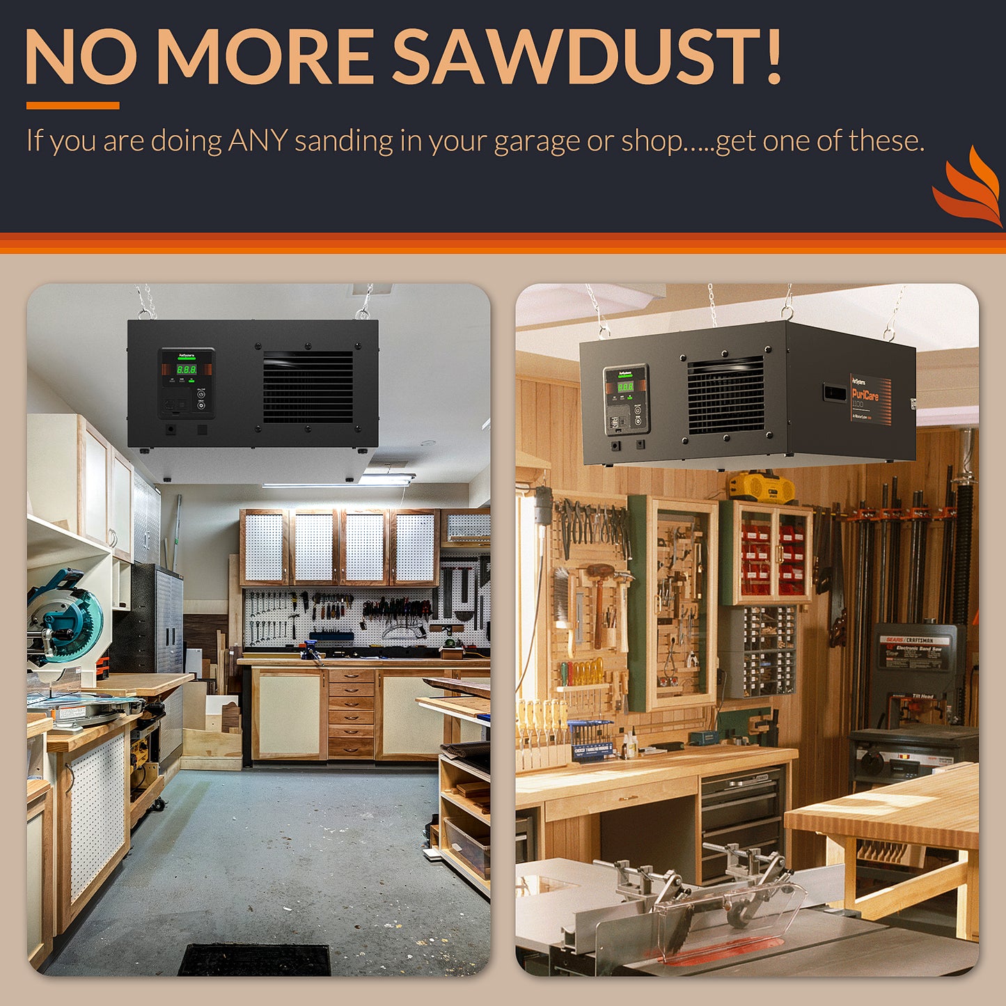 Purisystems Shop Dust Collector PuriCare 1100 Air Filtration System w/RF Remote for Garage, Wood Shop, up to 1100 sq. ft