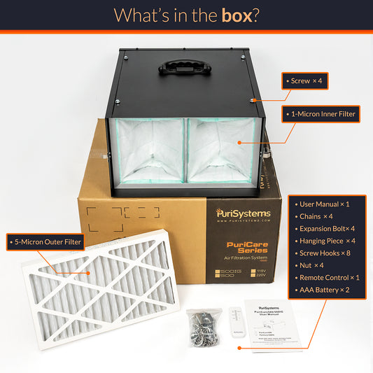 Purisystems Air Filtration System 3-Speed Remote, Built-in Ionizer, PuriCare 500IG Hanging Air Filter for Wood Shop, Garage