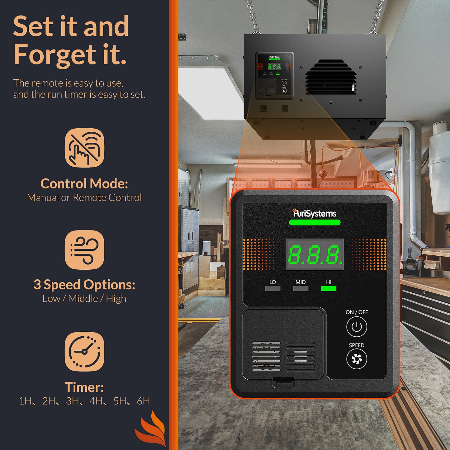 Purisystems 3-Speed Remote Air Filtration System, PuriCare 500 Shop Dust Collector for Woodworking, Garage