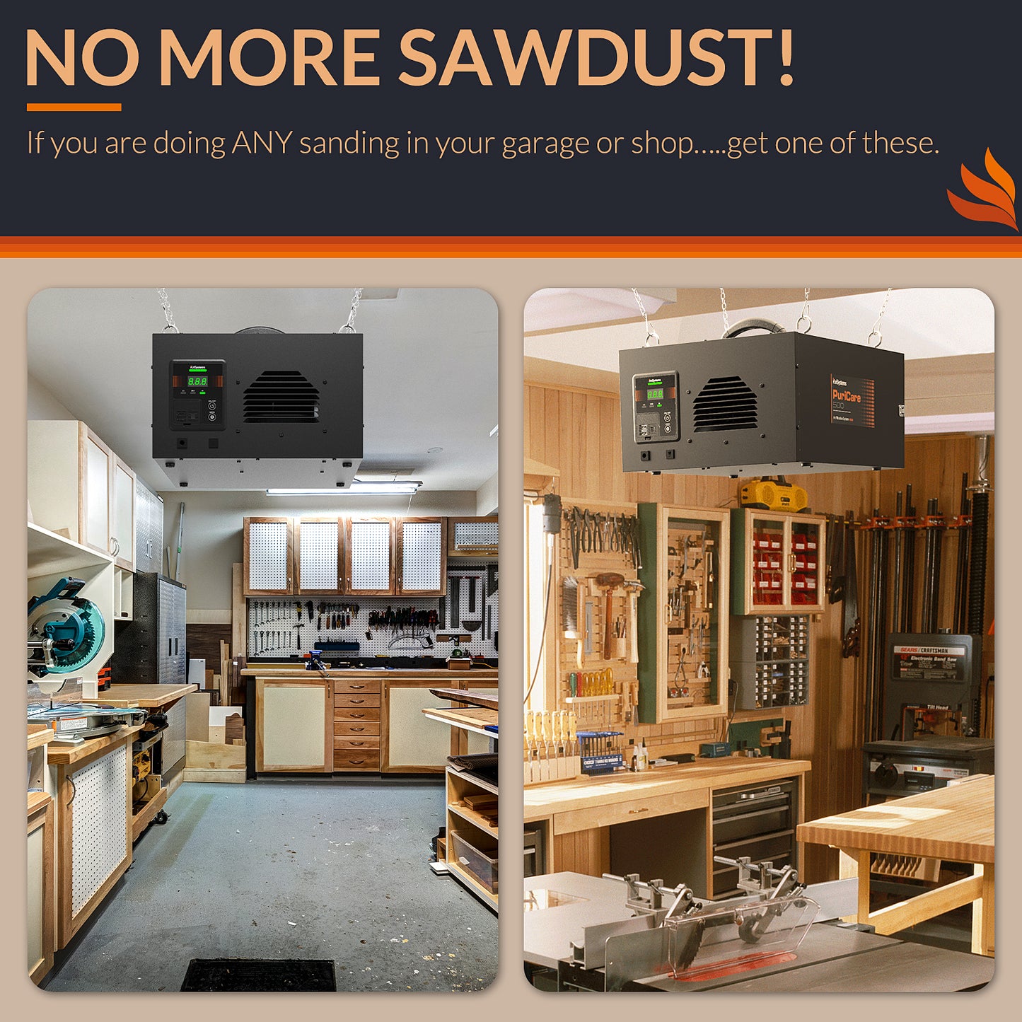 Purisystems 3-Speed Remote Air Filtration System, PuriCare 500 Shop Dust Collector for Woodworking, Garage